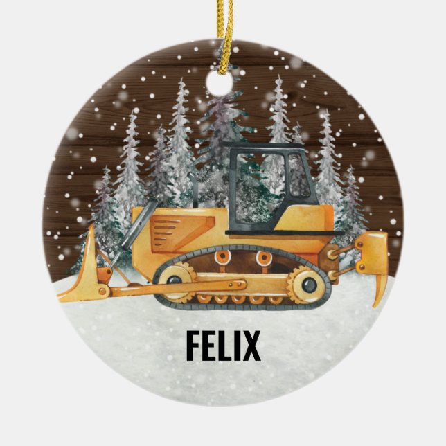 Bulldozer Construction Vehicle Truck Christmas Ceramic Tree Decoration (Front)