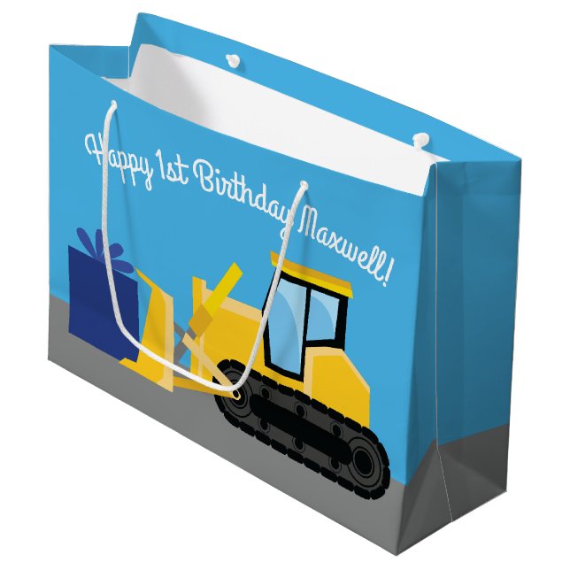 Bulldozer Cute 1st Birthday Party Construction Large Gift Bag (Front Angled)