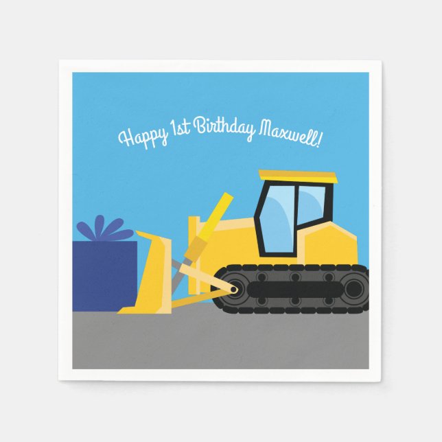 Bulldozer Cute 1st Birthday Party Construction Napkin (Front)