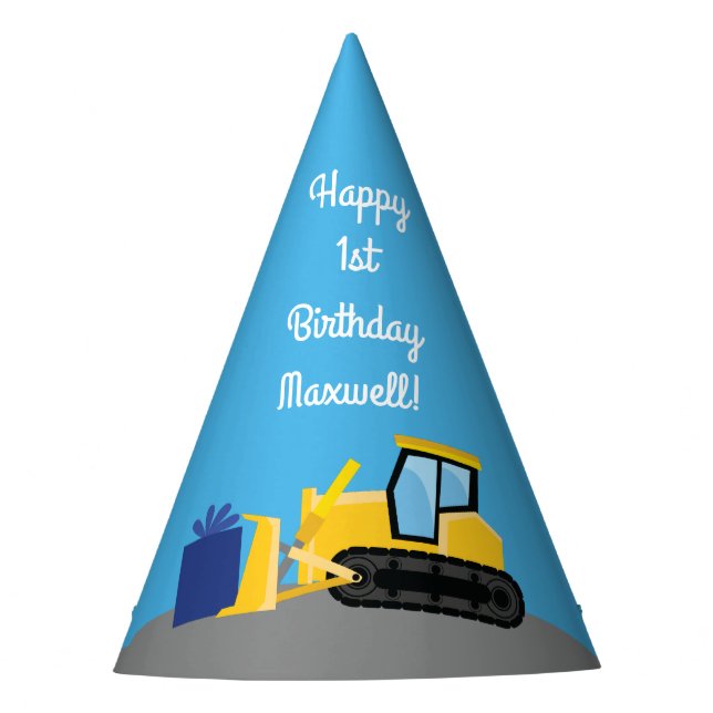 Bulldozer Cute 1st Birthday Party Construction Party Hat (Front)