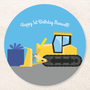 Bulldozer Cute 1st Birthday Party Construction Round Paper Coaster