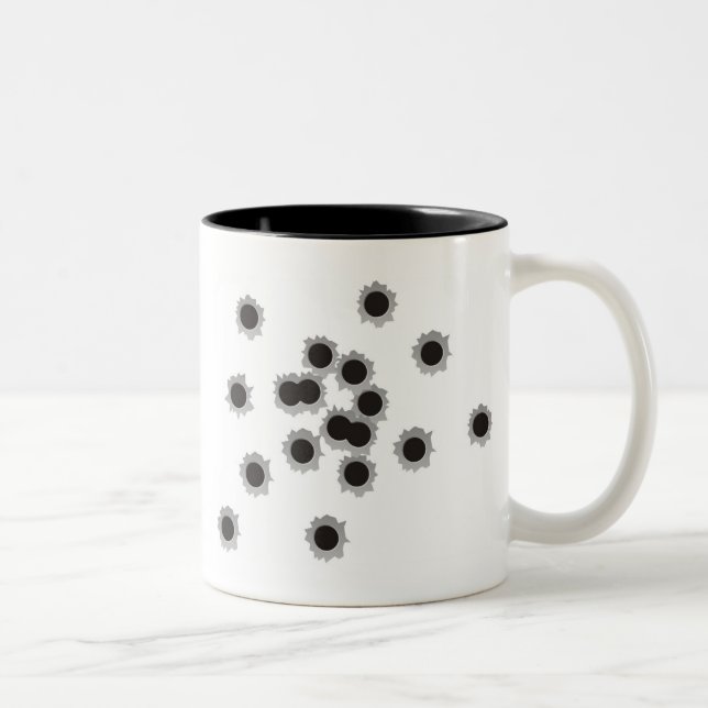 Bullet holes from a rifle or gun, possibly shotgun Two-Tone coffee mug (Right)