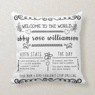 Bullet Journal Style Baby Birth Stats Keepsake Cushion