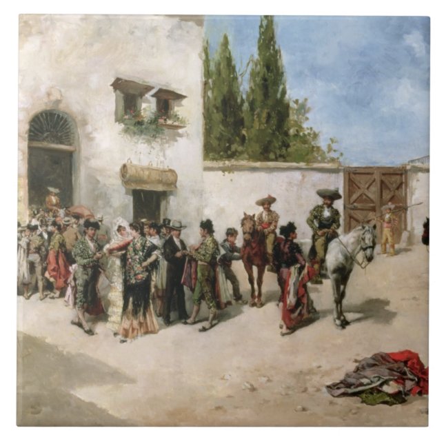 Bullfighters preparing for the Fight (oil on panel Tile (Front)