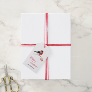 Bullfinch and red berries, Happy holidays! Gift Tags