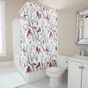Bullfinch Birds and Berries Marsala Red Shower Curtain
