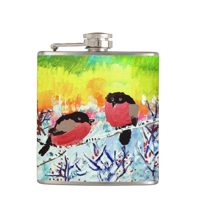 Bullfinch Birds Hip Flask (Front)