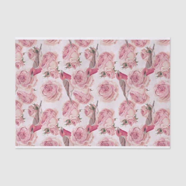 Bullfinch Birds Perched on Pink Roses Pattern Tissue Paper (Front)