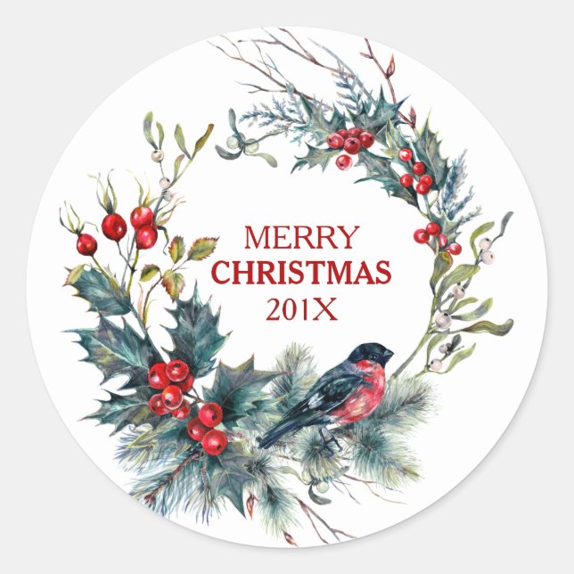 Bullfinch & Christmas holly wreath Classic Round Sticker (Front)