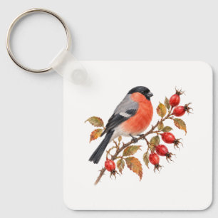 Bullfinch on a Rosehip Branch Key Ring