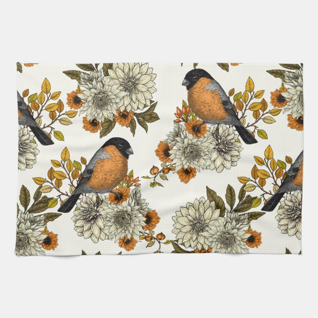 Bullfinch on autumn florals 2 tea towel (Horizontal)