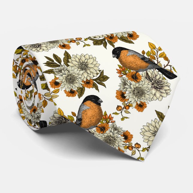 Bullfinch on autumn florals 2 tie (Rolled)