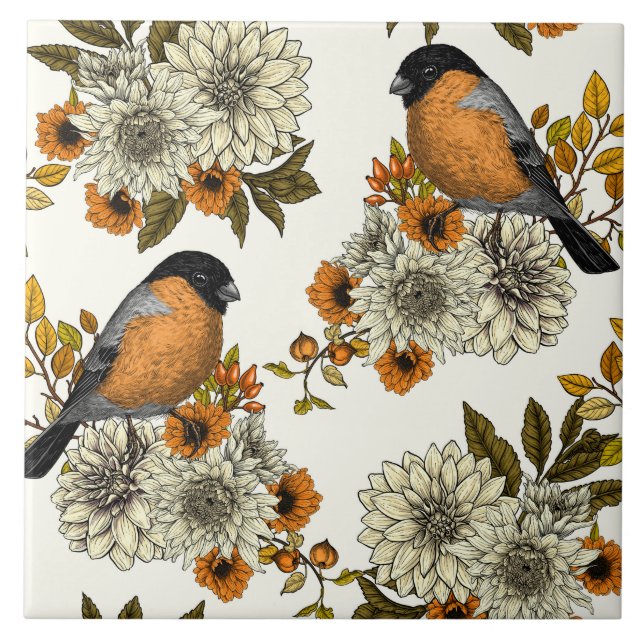 Bullfinch on autumn florals 2 tile (Front)