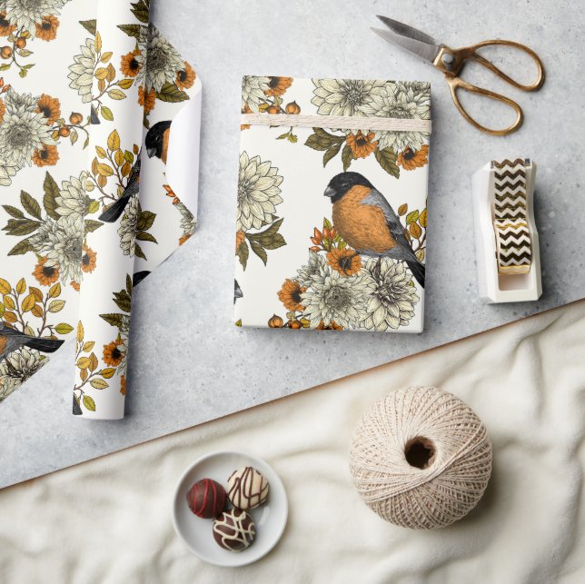 Bullfinch on autumn florals 2 wrapping paper (Crafts)