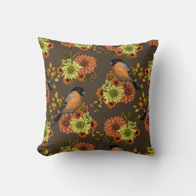Bullfinch on autumn florals cushion (Front)