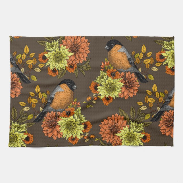 Bullfinch on autumn florals tea towel (Horizontal)