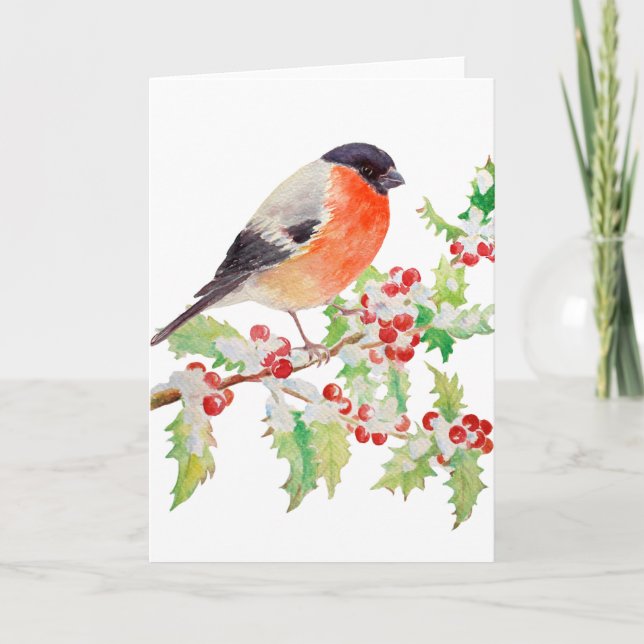 Bullfinch on Holly Branch in Snow Greeting Card (Front)