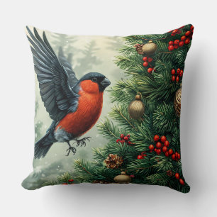 Bullfinch Perched on Decorated Christmas Tree Cushion