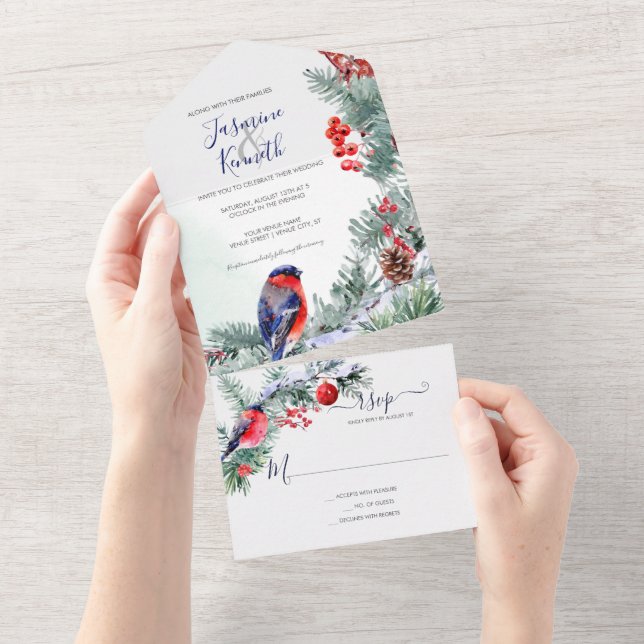 Bullfinch, Poinsettia, Pine Winter Wedding All In One Invitation (Tearaway)