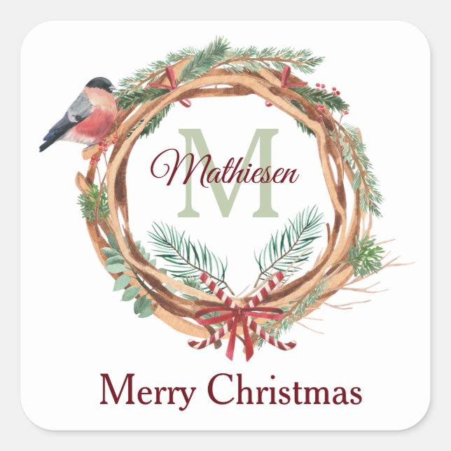 Bullfinch Rustic Wood Wreath Monogram Christmas Square Sticker (Front)