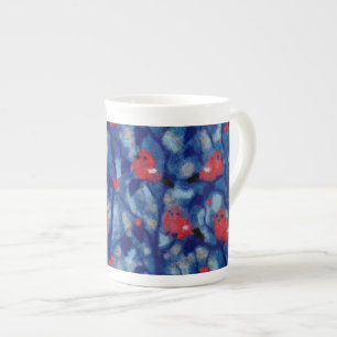 Bullfinches, blue & red, birds in trees, fibre art bone china mug