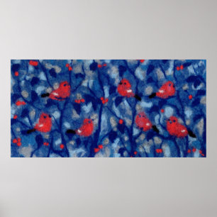 Bullfinches, blue & red, birds in trees, fibre art poster