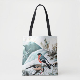 Bullfinches in Winter Landscape Tote Bag