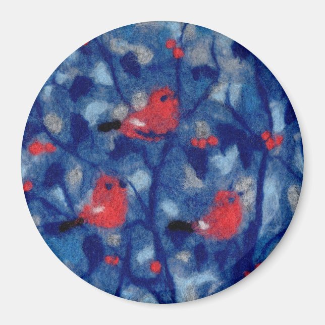 Bullfinches, red birds blue forest trees fiber art magnet (Front)