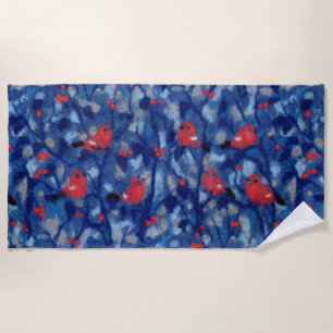 Bullfinches, red birds blue forest trees fibre art beach towel