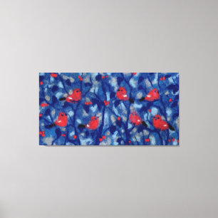 Bullfinches, red birds blue forest trees fibre art canvas print