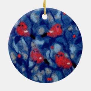 Bullfinches, red birds blue forest trees fibre art ceramic tree decoration