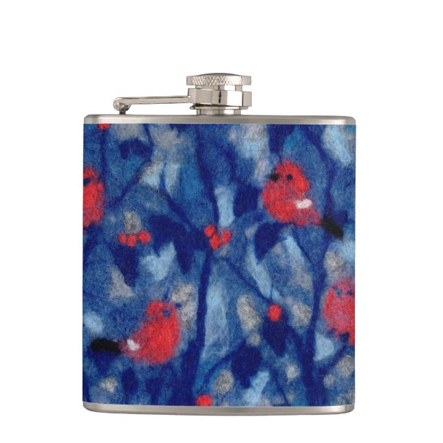 Bullfinches, red birds blue forest trees fibre art hip flask (Front)