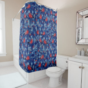 Bullfinches, red birds blue forest trees fibre art shower curtain