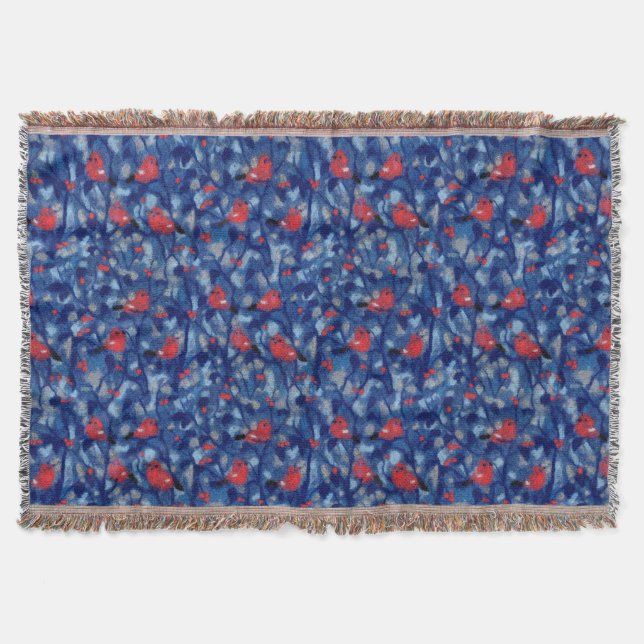 Bullfinches, red birds blue forest trees fibre art throw blanket (Front)