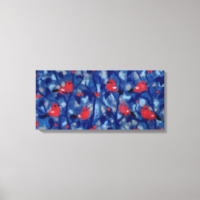 Bullfinches, Red Birds Blue Trees Fibre Painting Canvas Print (Front)