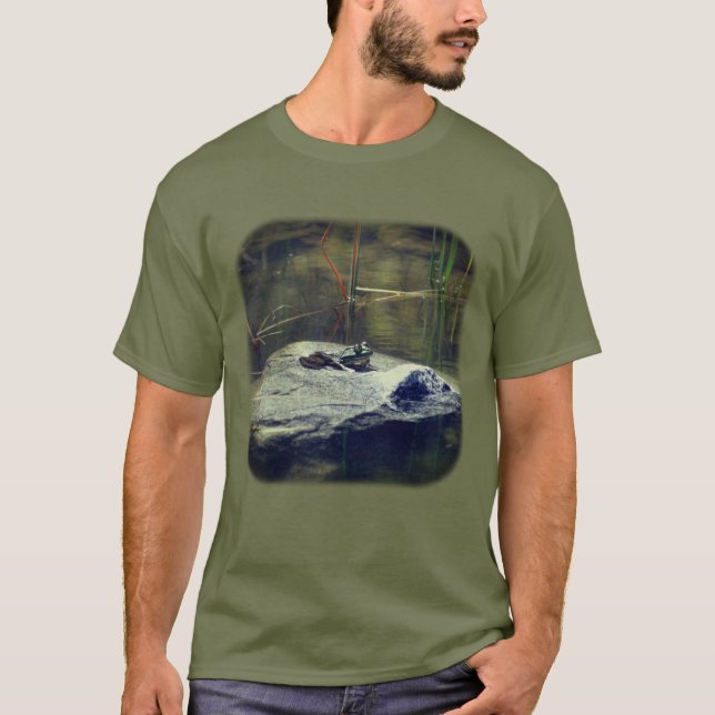 Bullfrog On Rock In Pond Nature  T-Shirt (Front)