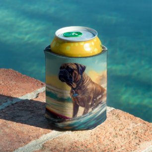Bullmastiff Beach Surfing Painting  Can Cooler