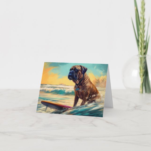 Bullmastiff Beach Surfing Painting  Card (Front)