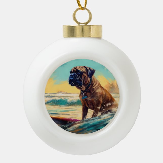 Bullmastiff Beach Surfing Painting  Ceramic Ball Christmas Ornament (Front)