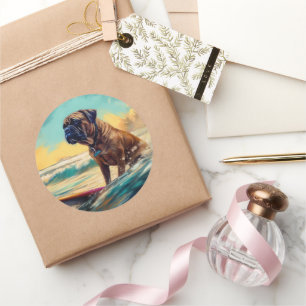 Bullmastiff Beach Surfing Painting  Classic Round Sticker