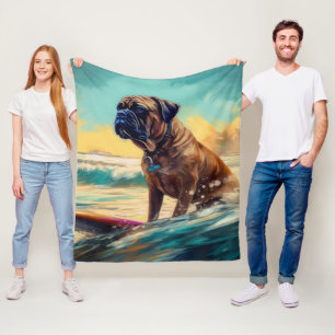 Bullmastiff Beach Surfing Painting  Fleece Blanket