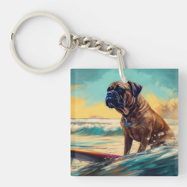 Bullmastiff Beach Surfing Painting  Key Ring (Front)