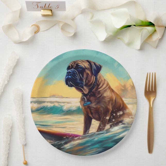 Bullmastiff Beach Surfing Painting  Paper Plate (Wedding)