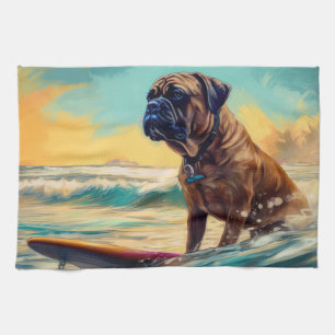 Bullmastiff Beach Surfing Painting Tea Towel