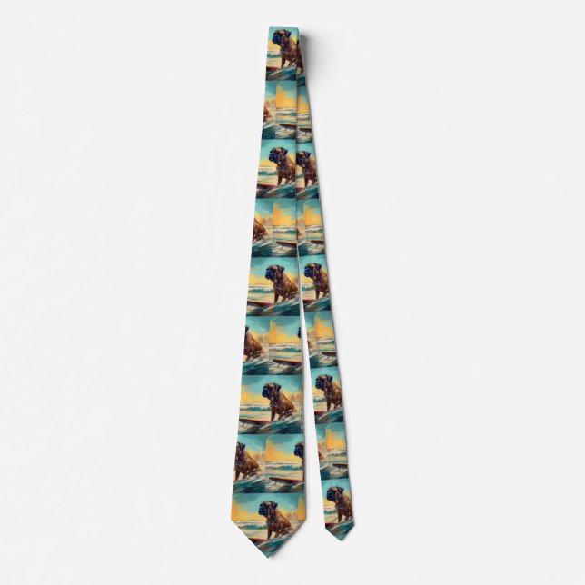 Bullmastiff Beach Surfing Painting  Tie (Front)