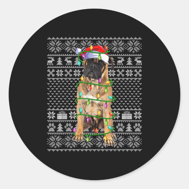 Bullmastiff Christmas Lights Ugly Sweater Funny Pe Classic Round Sticker (Front)