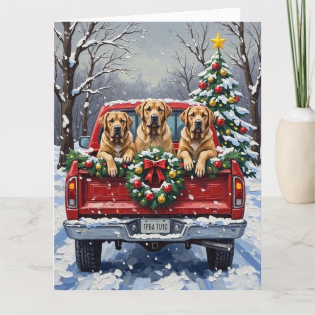 Bullmastiff Christmas Red Truck Holiday Card (Front)