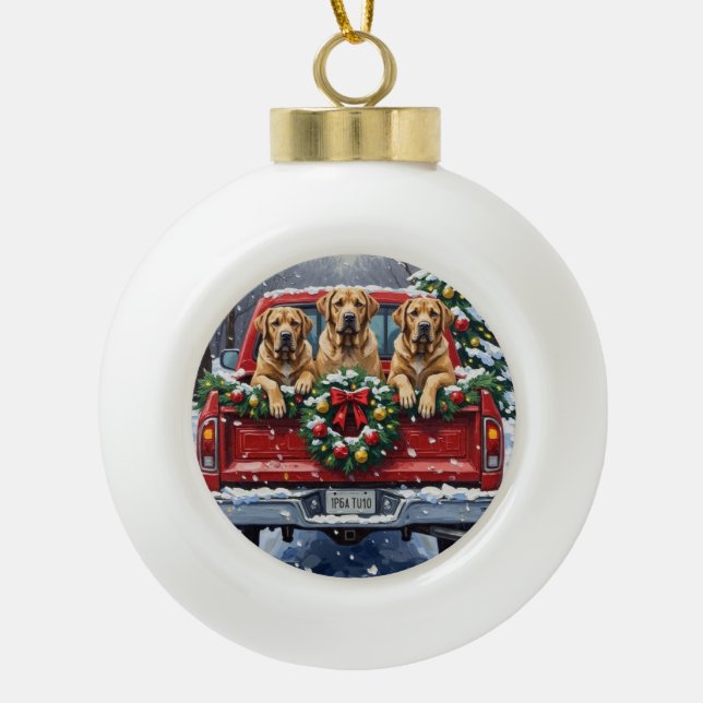 Bullmastiff Christmas Red Truck Holiday Ceramic Ball Christmas Ornament (Front)