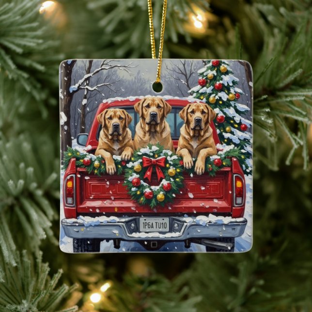 Bullmastiff Christmas Red Truck Holiday Ceramic Ornament (Tree)
