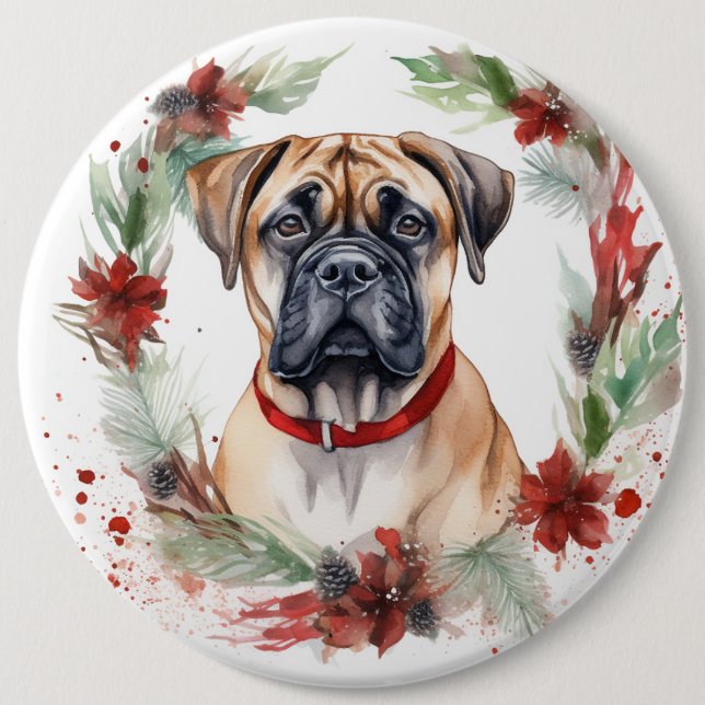 Bullmastiff Christmas Wreath Festive Pup  6 Cm Round Badge (Front)